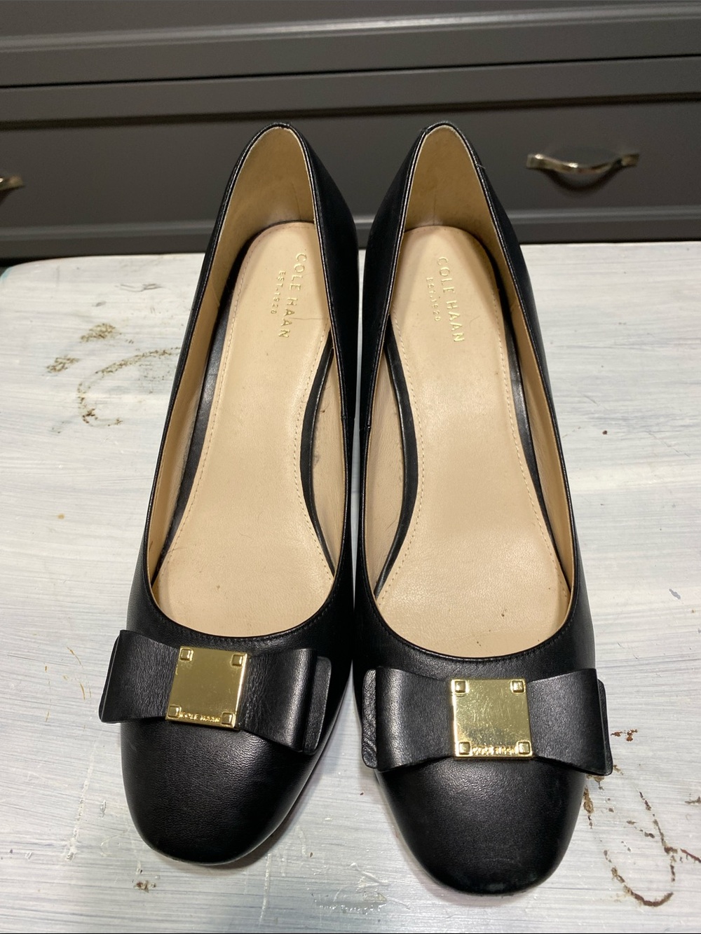 Cole Haan Black Leather Heels with Gold Accent